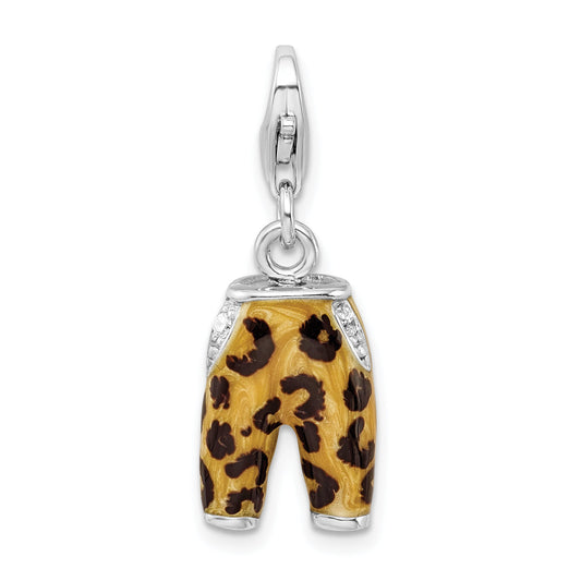 Sterling Silver Amore La Vita Rhodium-Plated Polished 3-D Cz Enameled Leopard Pants Charm With Fancy Lobster Clasp