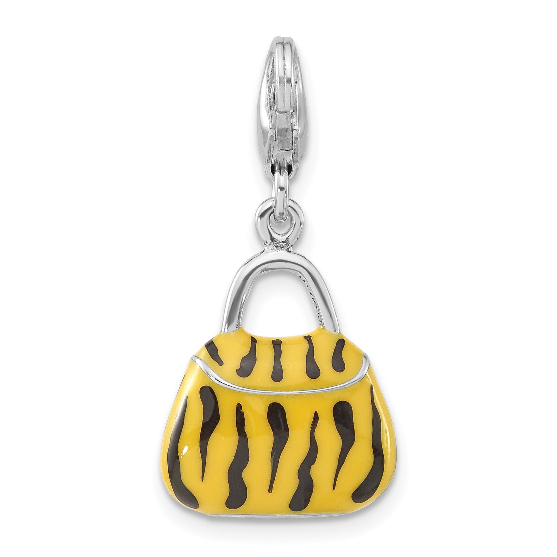 Sterling Silver 3-D Polished Cz Yellow/Black Enamel Tiger Purse W/ Lobster Clasp Charm