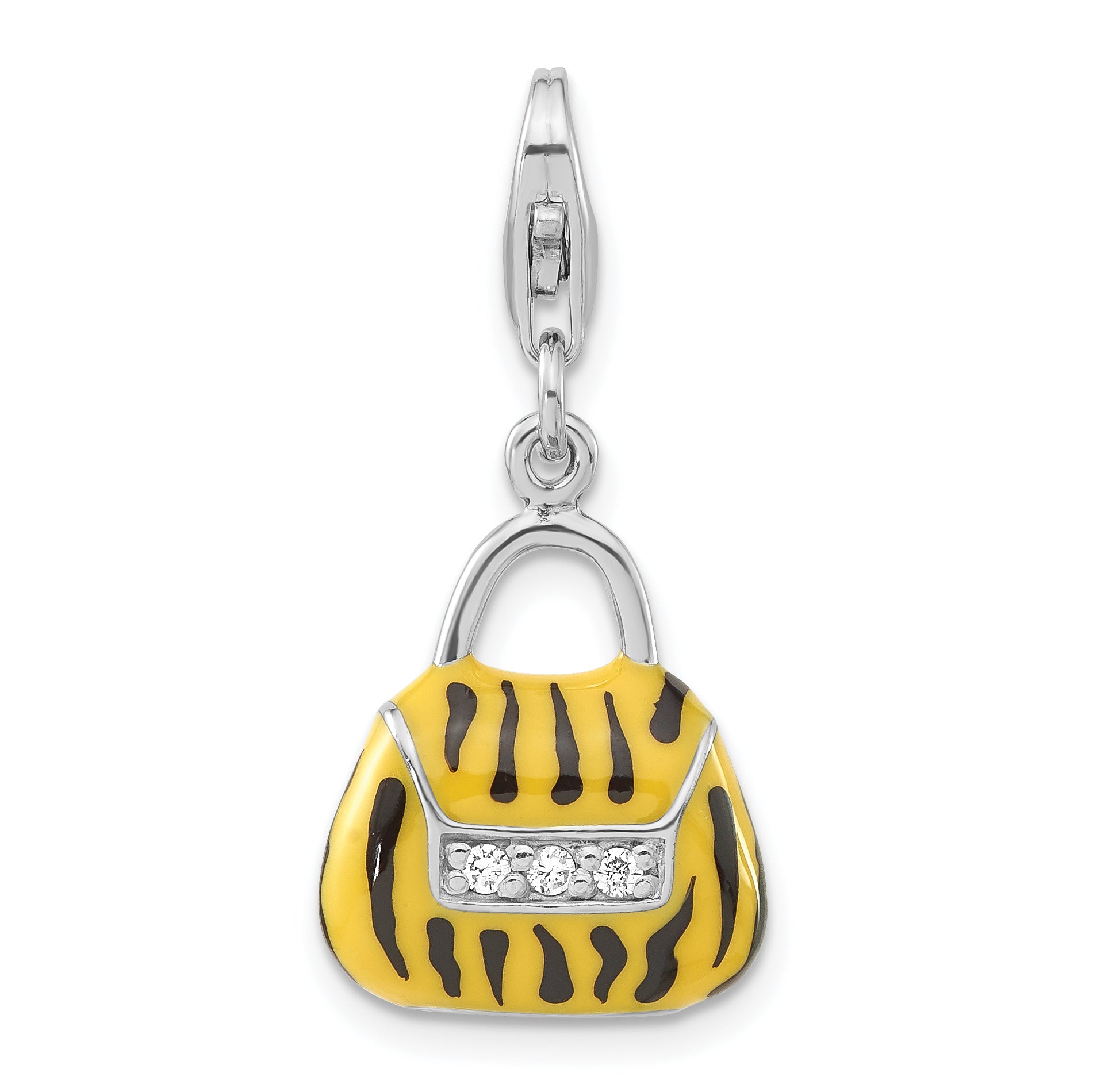Sterling Silver 3-D Polished Cz Yellow/Black Enamel Tiger Purse W/ Lobster Clasp Charm