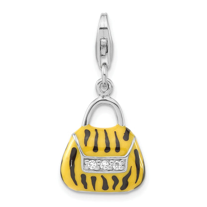 Sterling Silver 3-D Polished Cz Yellow/Black Enamel Tiger Purse W/ Lobster Clasp Charm