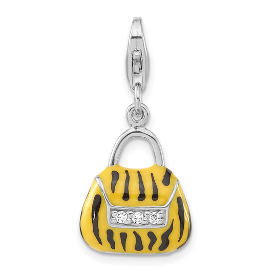 Sterling Silver 3-D Polished Cz Yellow/Black Enamel Tiger Purse W/ Lobster Clasp Charm