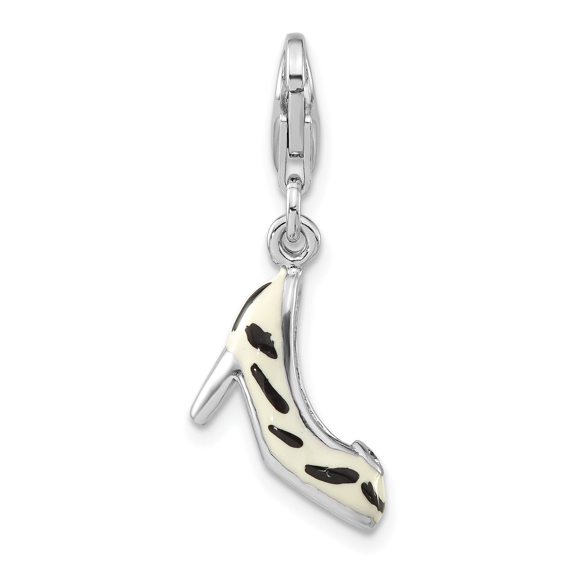 Sterling Silver Polished 3-D Cz Enamel Zebra High Heel W/ Lobster Clasp Charm