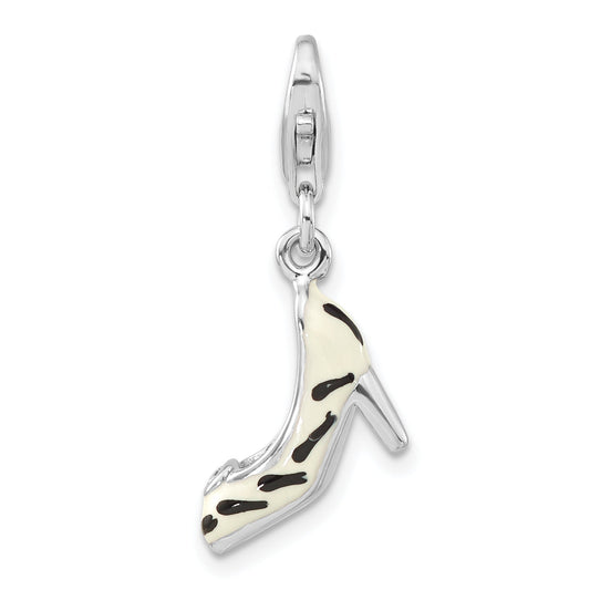 Sterling Silver Polished 3-D Cz Enamel Zebra High Heel W/ Lobster Clasp Charm