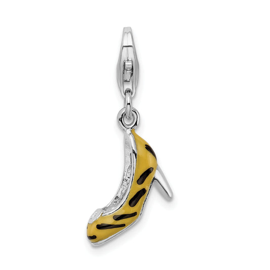 Sterling Silver Amore La Vita Rhodium-Plated Polished 3-D Cz Enameled Tiger High Heel Charm With Fancy Lobster Clasp