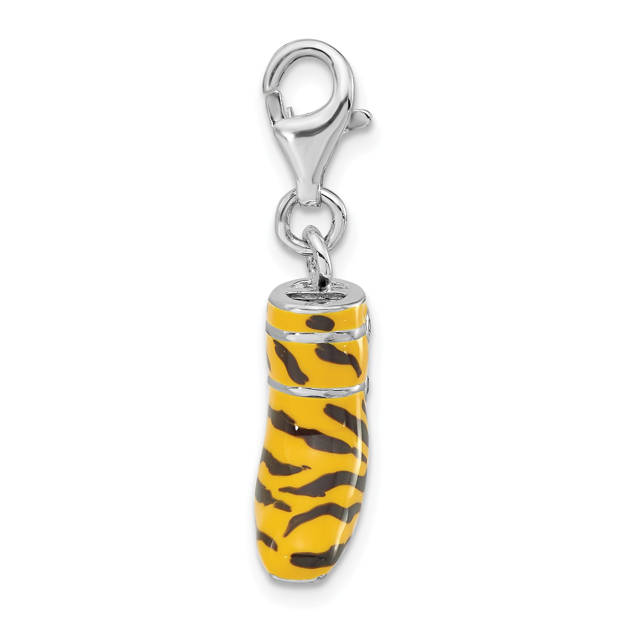 Sterling Silver 3-D Polished Cz Yellow/Black Enamel Tiger High Heel Boot W/ Lobster Clasp Charm