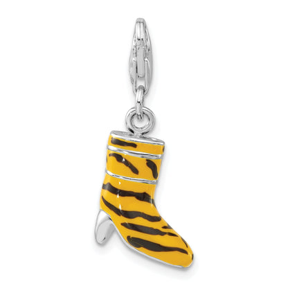 Sterling Silver 3-D Polished Cz Yellow/Black Enamel Tiger High Heel Boot W/ Lobster Clasp Charm