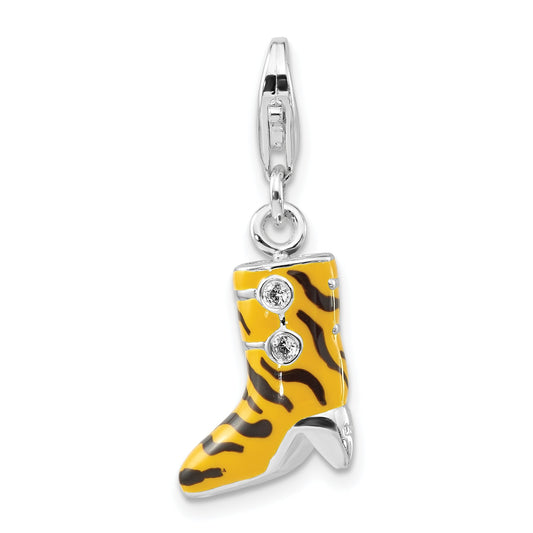 Sterling Silver 3-D Polished Cz Yellow/Black Enamel Tiger High Heel Boot W/ Lobster Clasp Charm