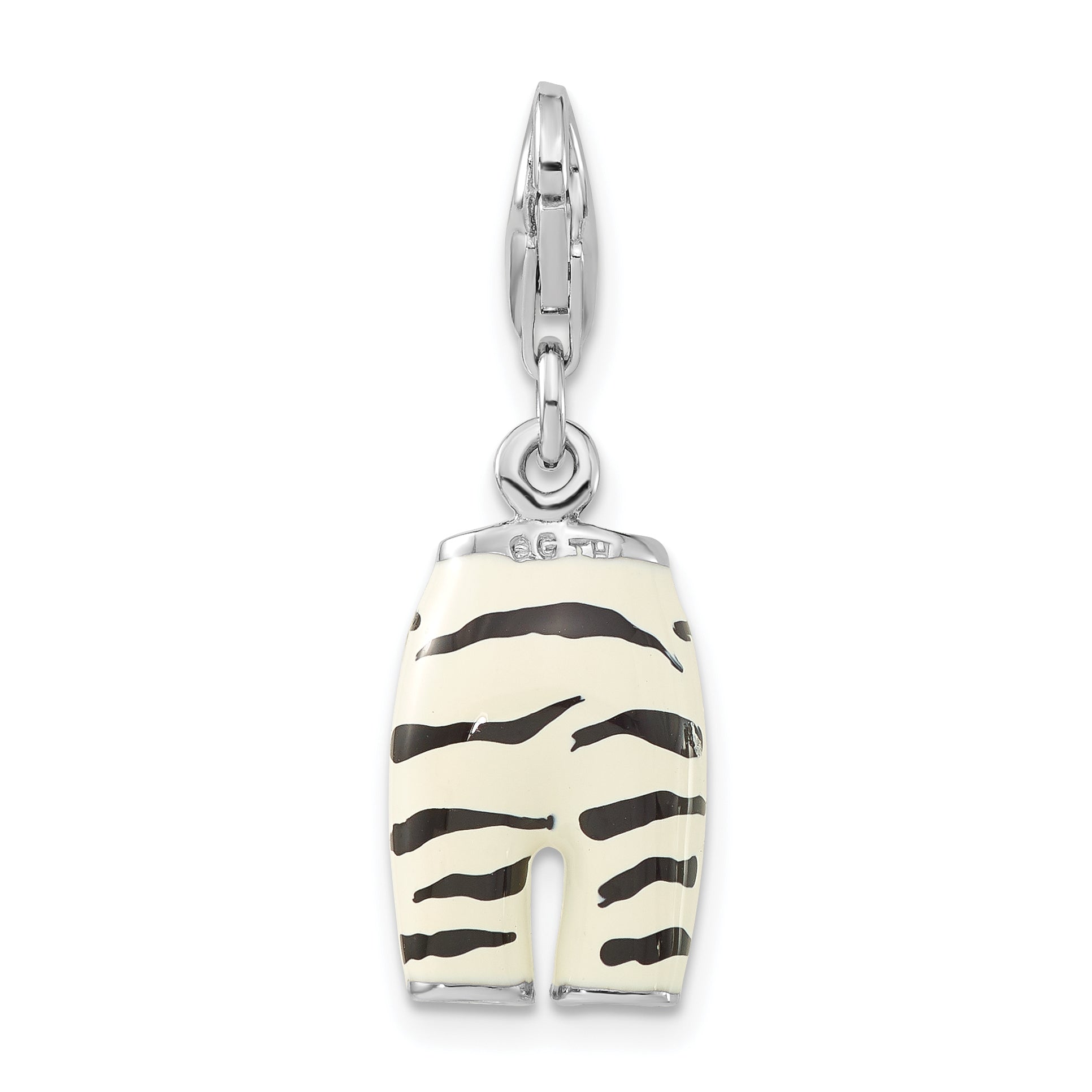 Sterling Silver Polished 3-D Cz & Black/White Enamel Zebra Pants W/ Lobster Clasp Charm