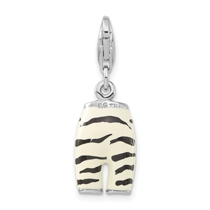 Sterling Silver Polished 3-D Cz & Black/White Enamel Zebra Pants W/ Lobster Clasp Charm