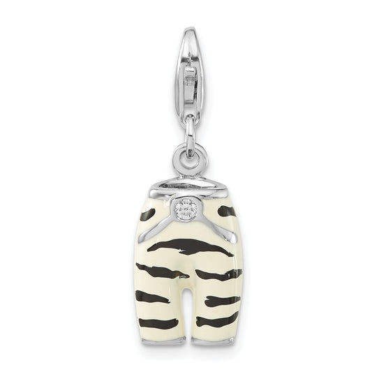 Sterling Silver Polished 3-D Cz & Black/White Enamel Zebra Pants W/ Lobster Clasp Charm