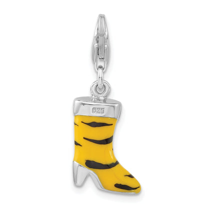 Sterling Silver 3-D Polished Cz Yellow/Black Enamel Tiger High Heel Boot W/ Lobster Clasp Charm