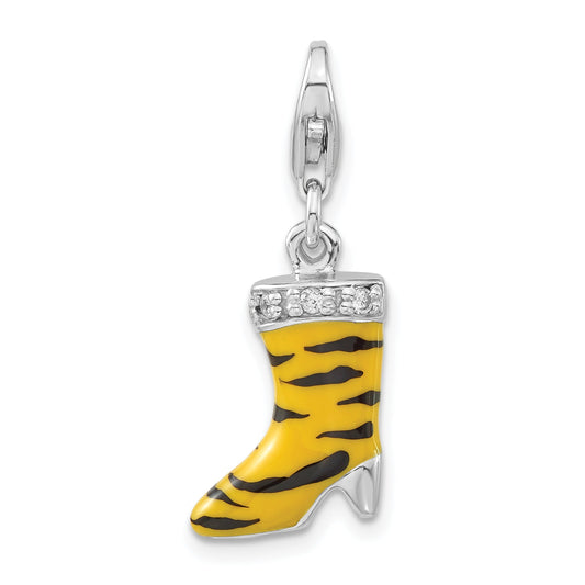 Sterling Silver 3-D Polished Cz Yellow/Black Enamel Tiger High Heel Boot W/ Lobster Clasp Charm