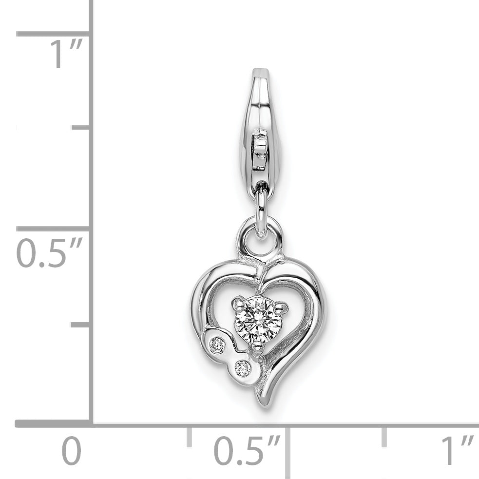 Sterling Silver Amore La Vita Rhodium-Plated Polished Cz Heart Charm With Fancy Lobster Clasp