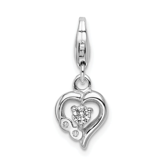 Sterling Silver Amore La Vita Rhodium-Plated Polished Cz Heart Charm With Fancy Lobster Clasp