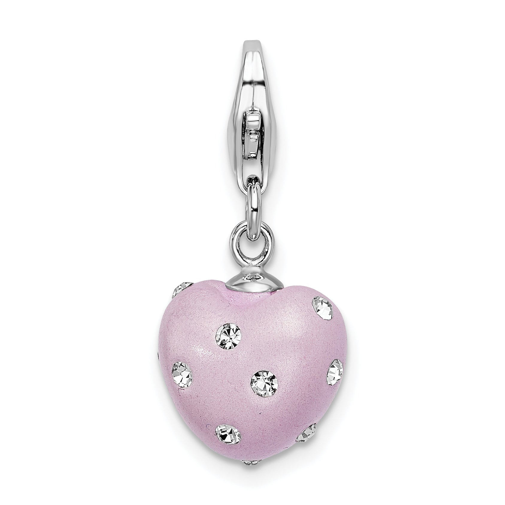 Sterling Silver Amore La Vita Rhodium-Plated Polished 3-D Purple Ferido Stellux Crystal Heart Charm With Fancy Lobster Clasp