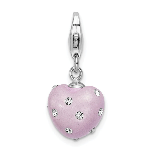 Sterling Silver Amore La Vita Rhodium-Plated Polished 3-D Purple Ferido Stellux Crystal Heart Charm With Fancy Lobster Clasp