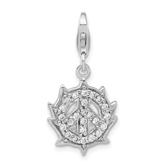 Sterling Silver Polished Cz Peace Sign W/ Lobster Clasp Charm