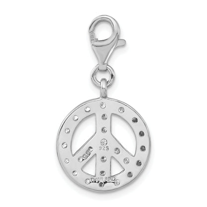 Sterling Silver Polished Cz Peace Sign W/ Lobster Clasp Charm
