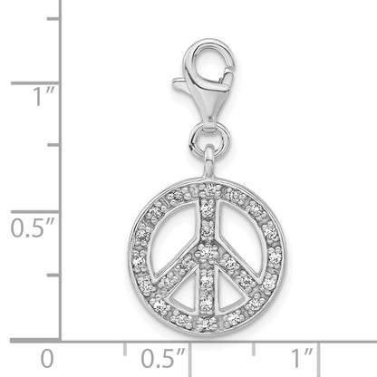 Sterling Silver Polished Cz Peace Sign W/ Lobster Clasp Charm
