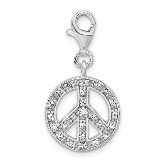 Sterling Silver Polished Cz Peace Sign W/ Lobster Clasp Charm