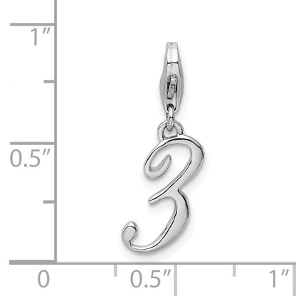 Sterling Silver Amore La Vita Rhodium-Plated Polished Number 3 Charm With Fancy Lobster Clasp