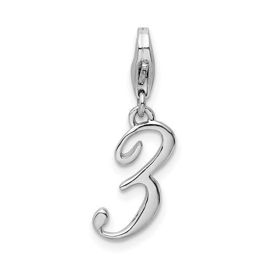 Sterling Silver Amore La Vita Rhodium-Plated Polished Number 3 Charm With Fancy Lobster Clasp