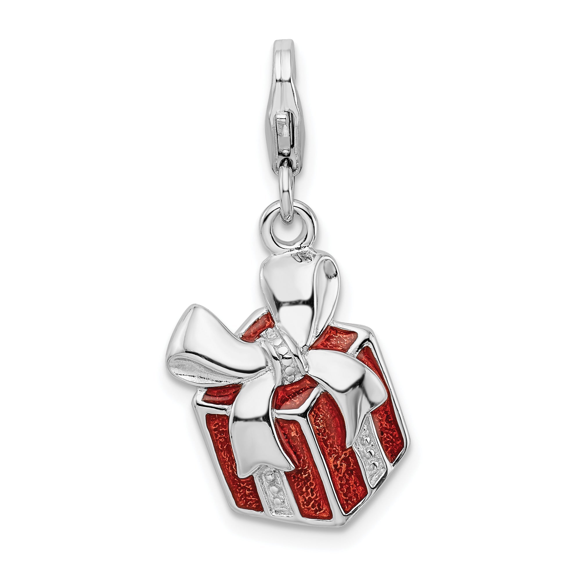 Sterling Silver Amore La Vita Rhodium-Plated Polished Red Enameled Present Charm With Fancy Lobster Clasp