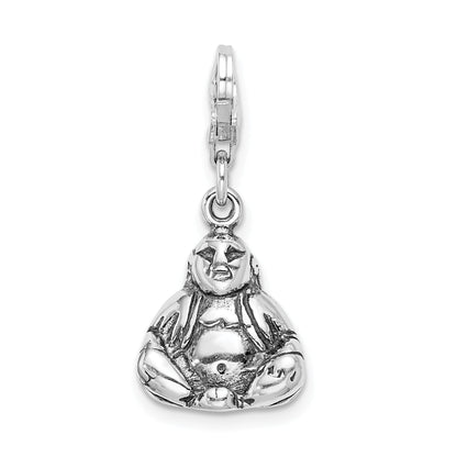 Sterling Silver Amore La Vita Rhodium-Plated Polished 3-D Antiqued Buddha Charm With Fancy Lobster Clasp