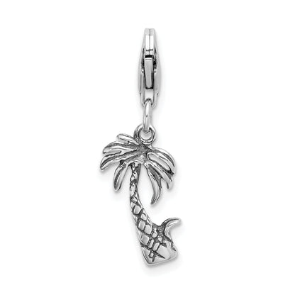 Sterling Silver Amore La Vita Rhodium-Plated Polished 3-D Antiqued Palm Tree Charm With Fancy Lobster Clasp