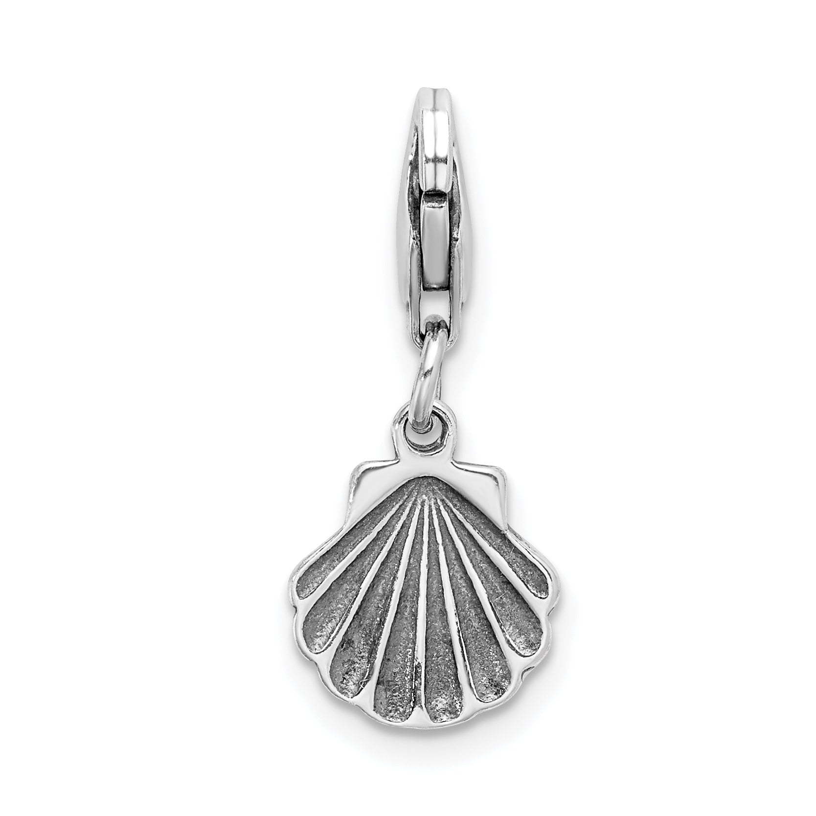Sterling Silver Amore La Vita Rhodium-Plated Polished Antiqued Clam Shell Charm With Fancy Lobster Clasp