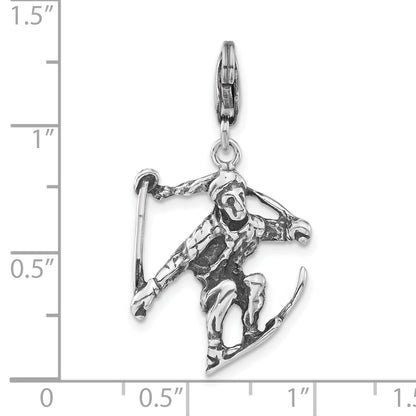 Sterling Silver 3-D Polished & Antiqued Skier W/Lobster Clasp Charm