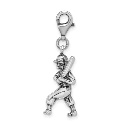 Sterling Silver Amore La Vita Rhodium-Plated Polished 3-D Antiqued Baseball Player Charm With Fancy Lobster Clasp