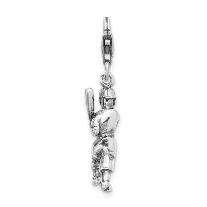 Sterling Silver Amore La Vita Rhodium-Plated Polished 3-D Antiqued Baseball Player Charm With Fancy Lobster Clasp