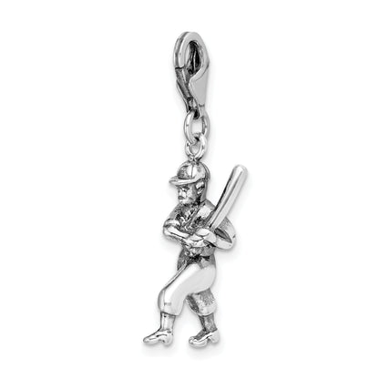Sterling Silver Amore La Vita Rhodium-Plated Polished 3-D Antiqued Baseball Player Charm With Fancy Lobster Clasp