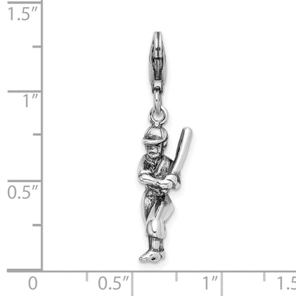 Sterling Silver Amore La Vita Rhodium-Plated Polished 3-D Antiqued Baseball Player Charm With Fancy Lobster Clasp