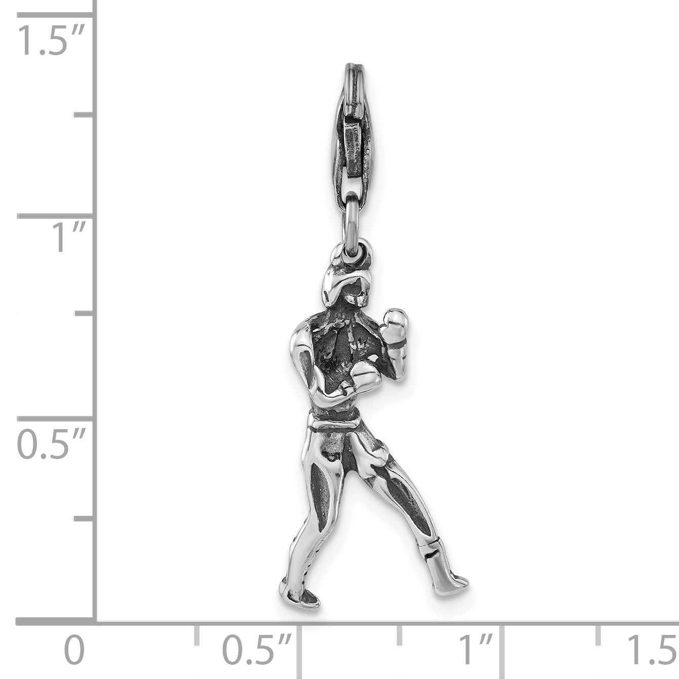 Sterling Silver 3-D Polished & Antiqued Boxer W/ Lobster Clasp Charm