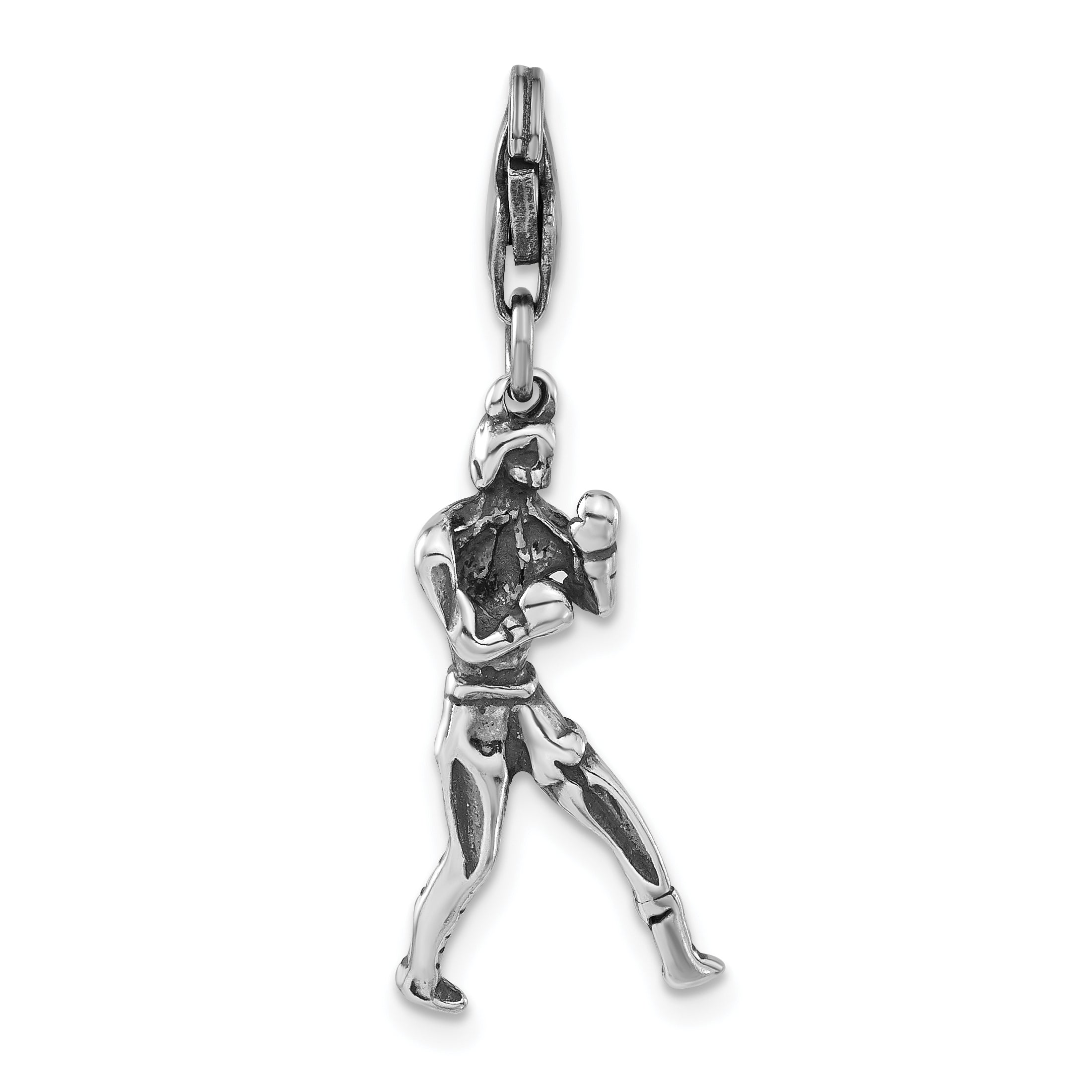 Sterling Silver 3-D Polished & Antiqued Boxer W/ Lobster Clasp Charm