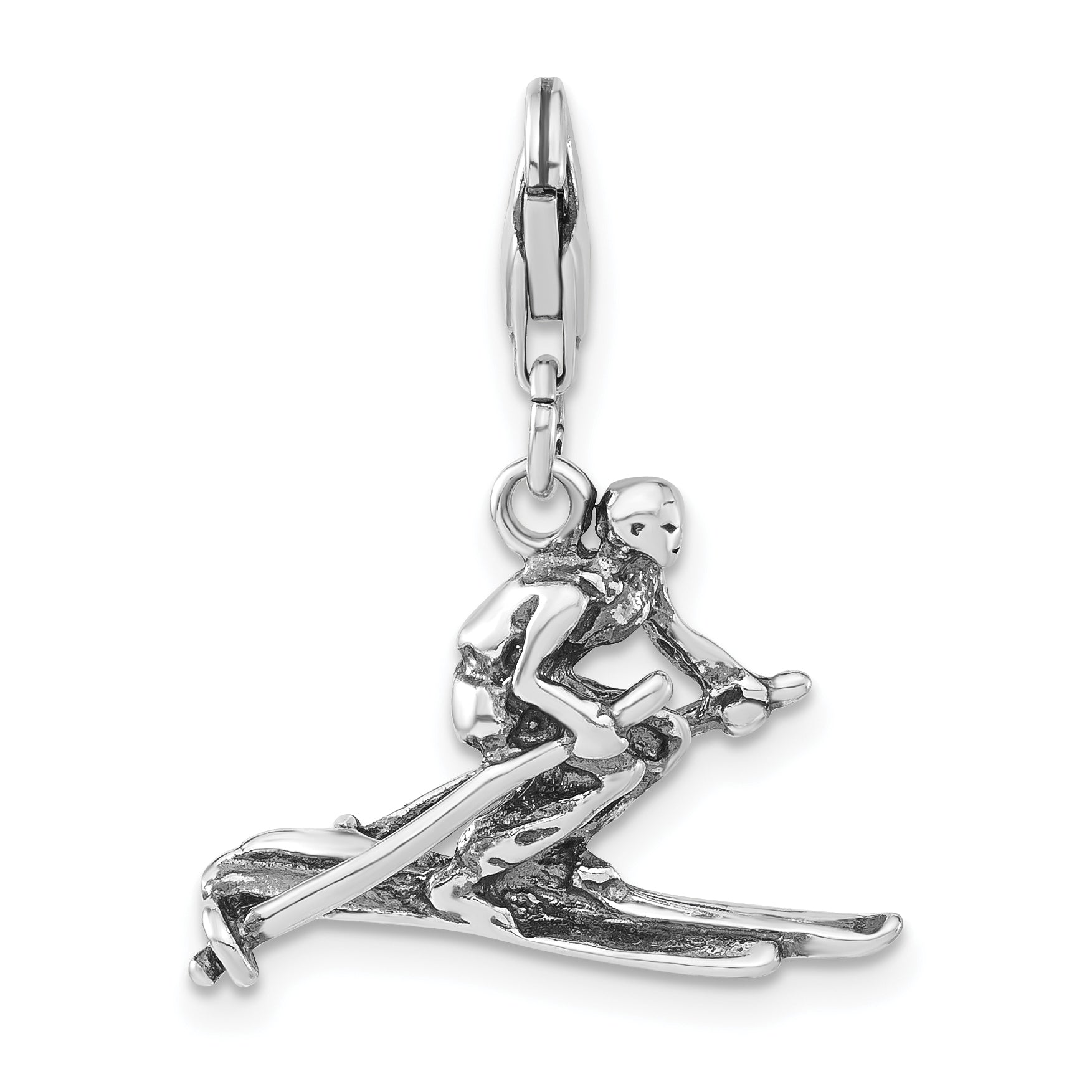 Sterling Silver 3-D Polished & Antiqued Skier W/ Lobster Clasp Charm