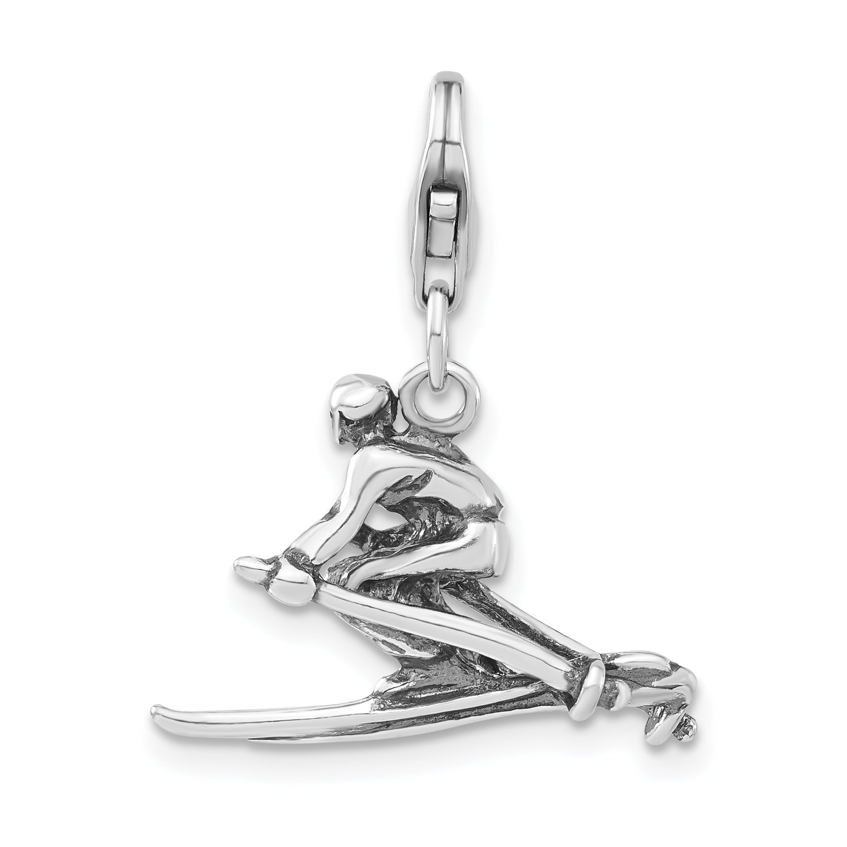 Sterling Silver 3-D Polished & Antiqued Skier W/ Lobster Clasp Charm