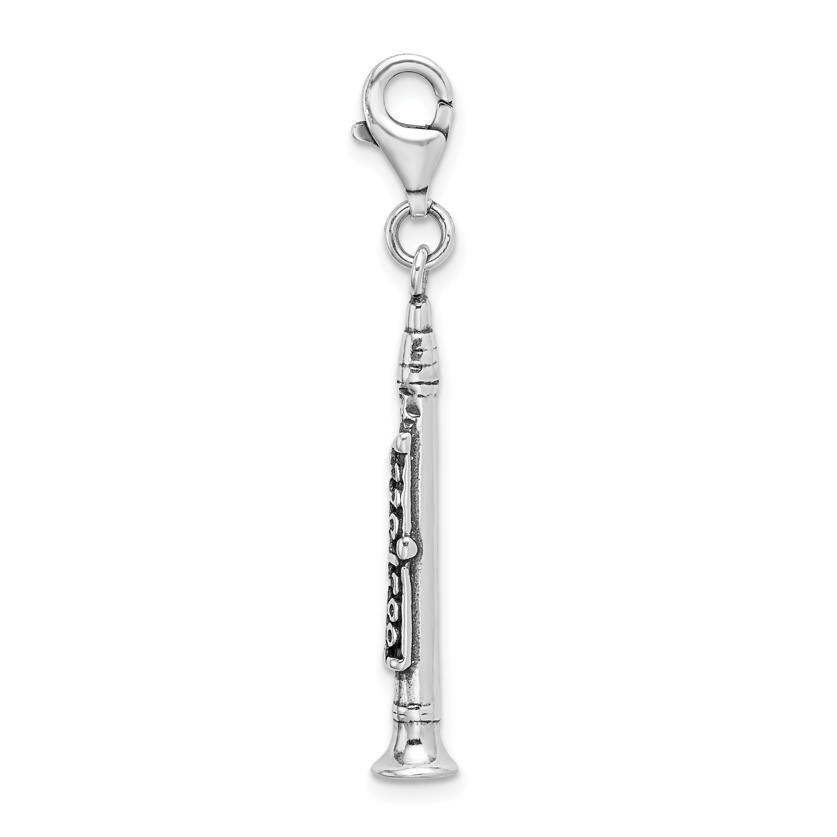 Sterling Silver Amore La Vita Rhodium-Plated Polished 3-D Antiqued Clarinet Charm With Fancy Lobster Clasp