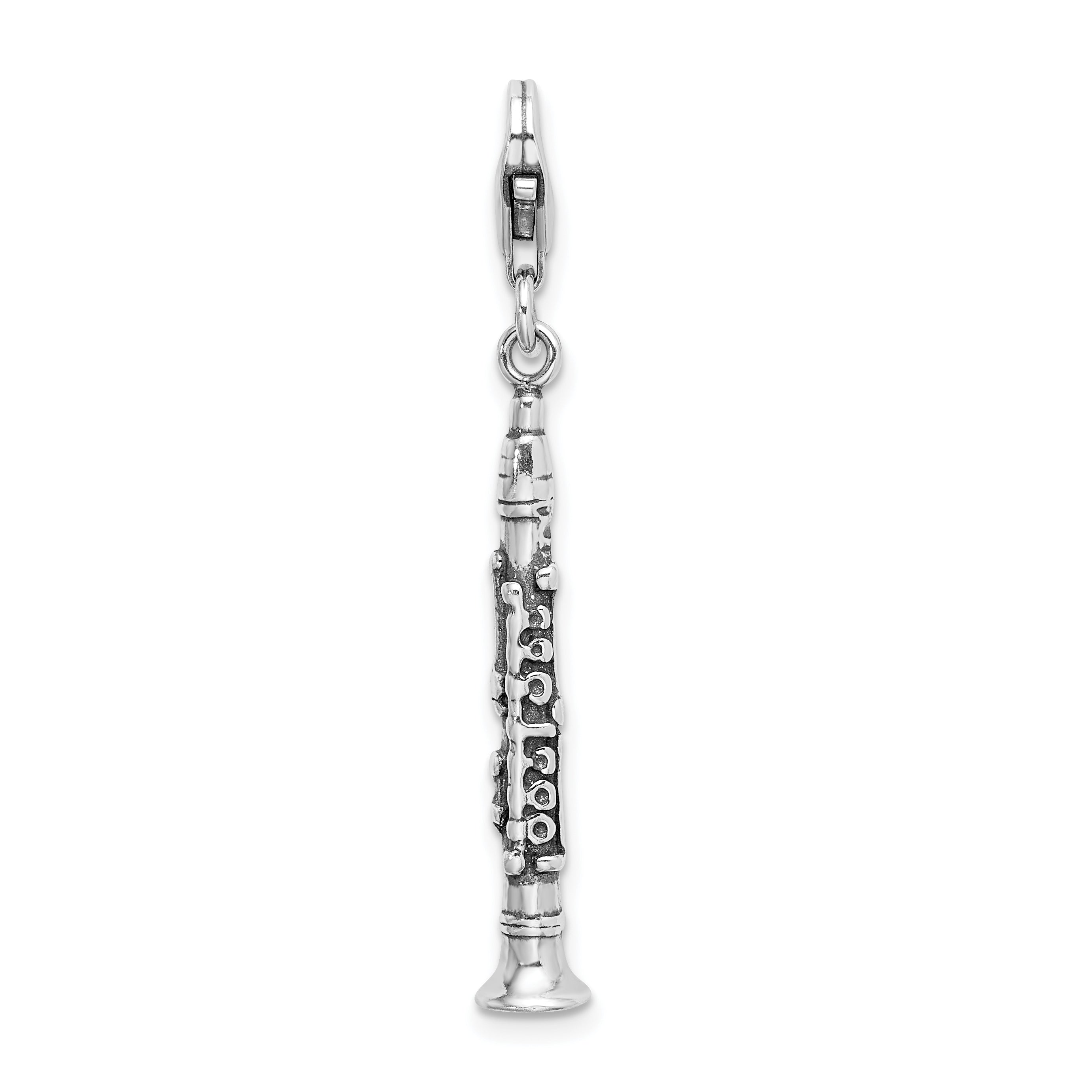 Sterling Silver Amore La Vita Rhodium-Plated Polished 3-D Antiqued Clarinet Charm With Fancy Lobster Clasp