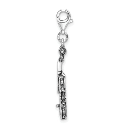 Sterling Silver Amore La Vita Rhodium-Plated Polished 3-D Antiqued Violin Charm With Fancy Lobster Clasp