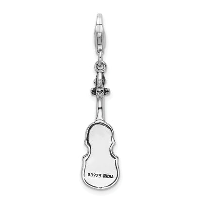 Sterling Silver Amore La Vita Rhodium-Plated Polished 3-D Antiqued Violin Charm With Fancy Lobster Clasp