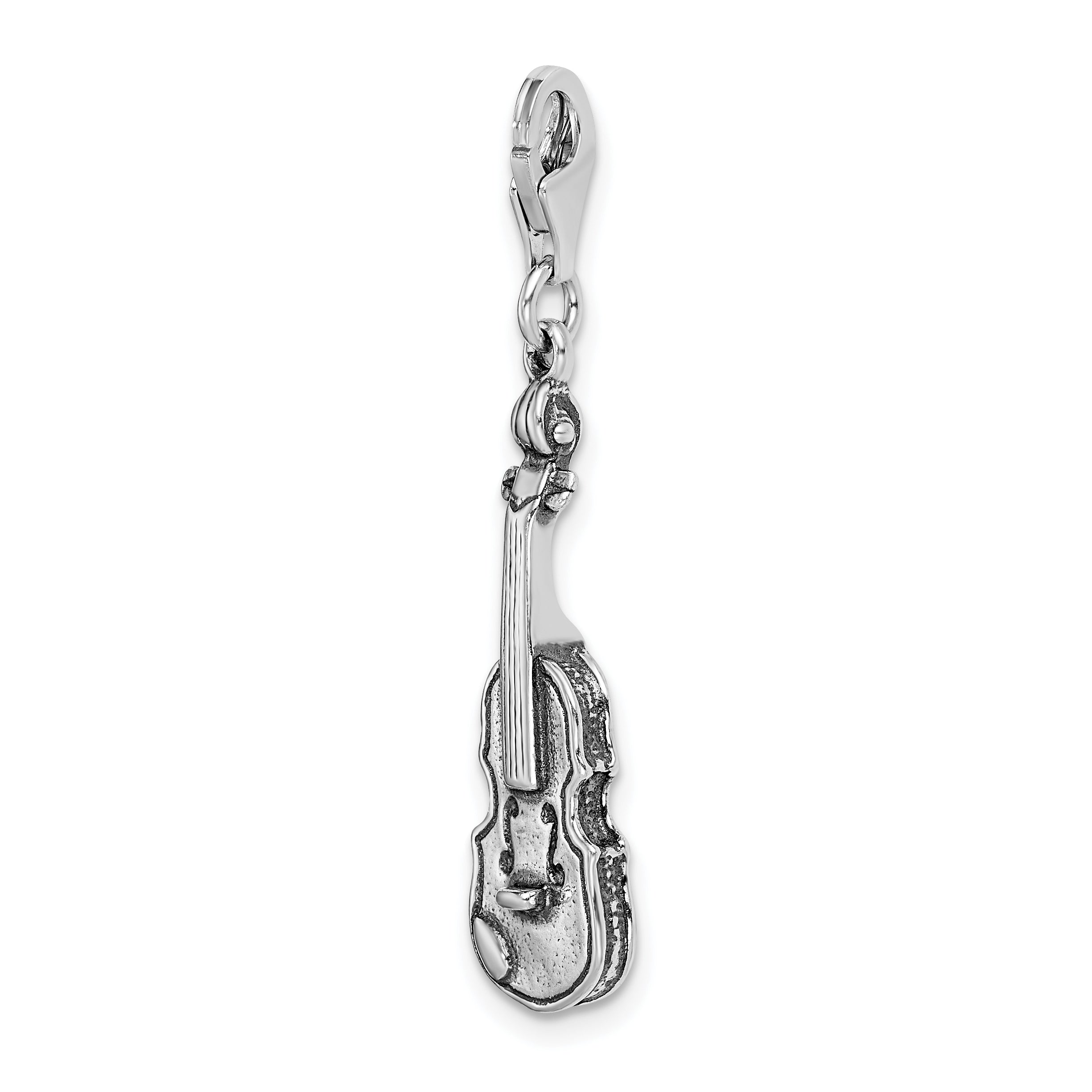 Sterling Silver Amore La Vita Rhodium-Plated Polished 3-D Antiqued Violin Charm With Fancy Lobster Clasp