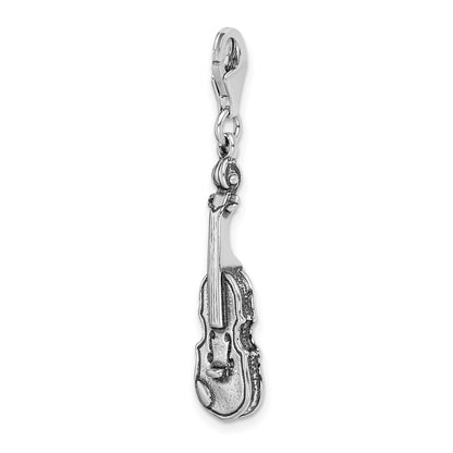 Sterling Silver Amore La Vita Rhodium-Plated Polished 3-D Antiqued Violin Charm With Fancy Lobster Clasp