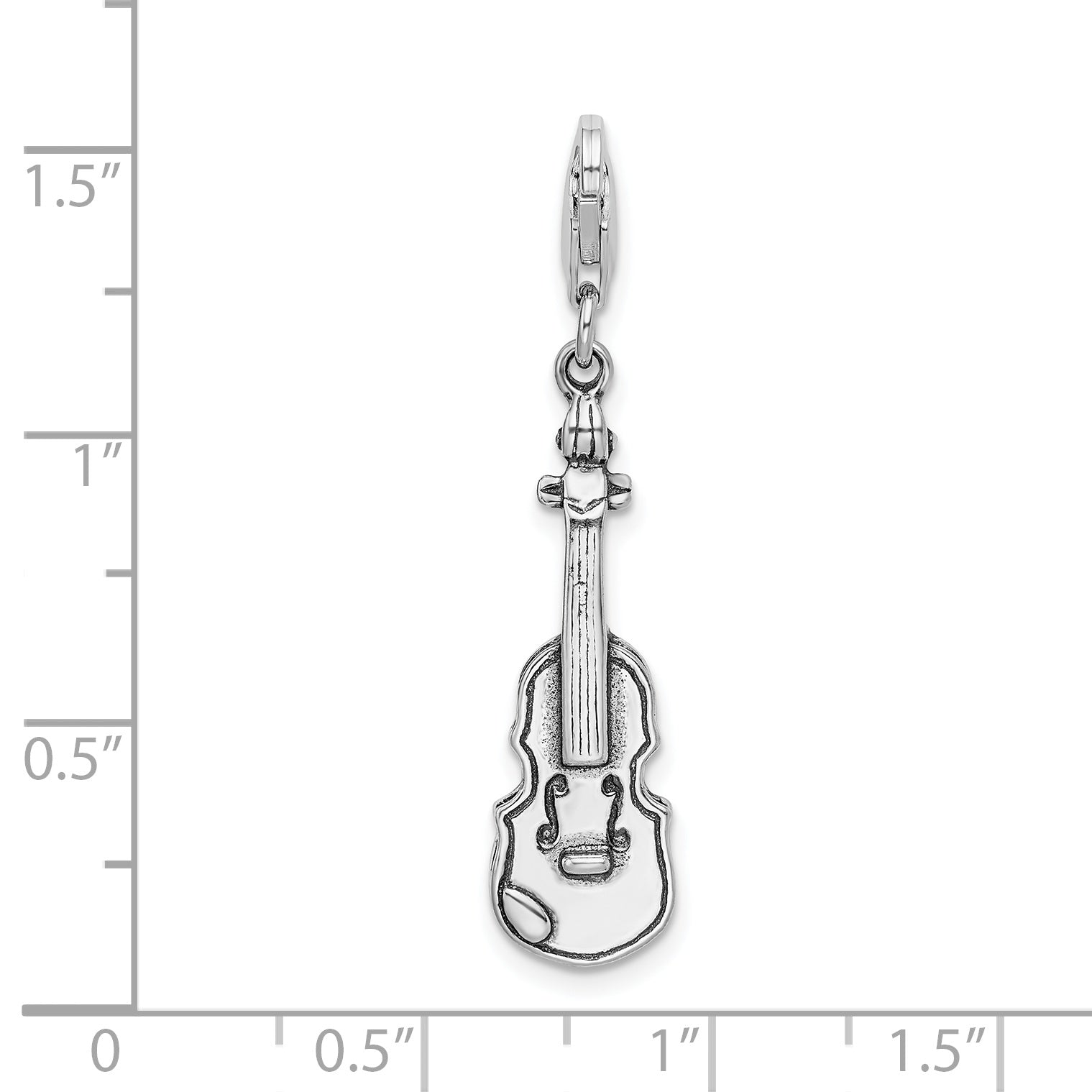 Sterling Silver Amore La Vita Rhodium-Plated Polished 3-D Antiqued Violin Charm With Fancy Lobster Clasp
