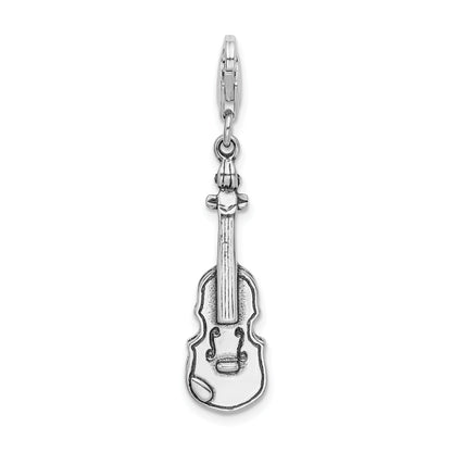 Sterling Silver Amore La Vita Rhodium-Plated Polished 3-D Antiqued Violin Charm With Fancy Lobster Clasp