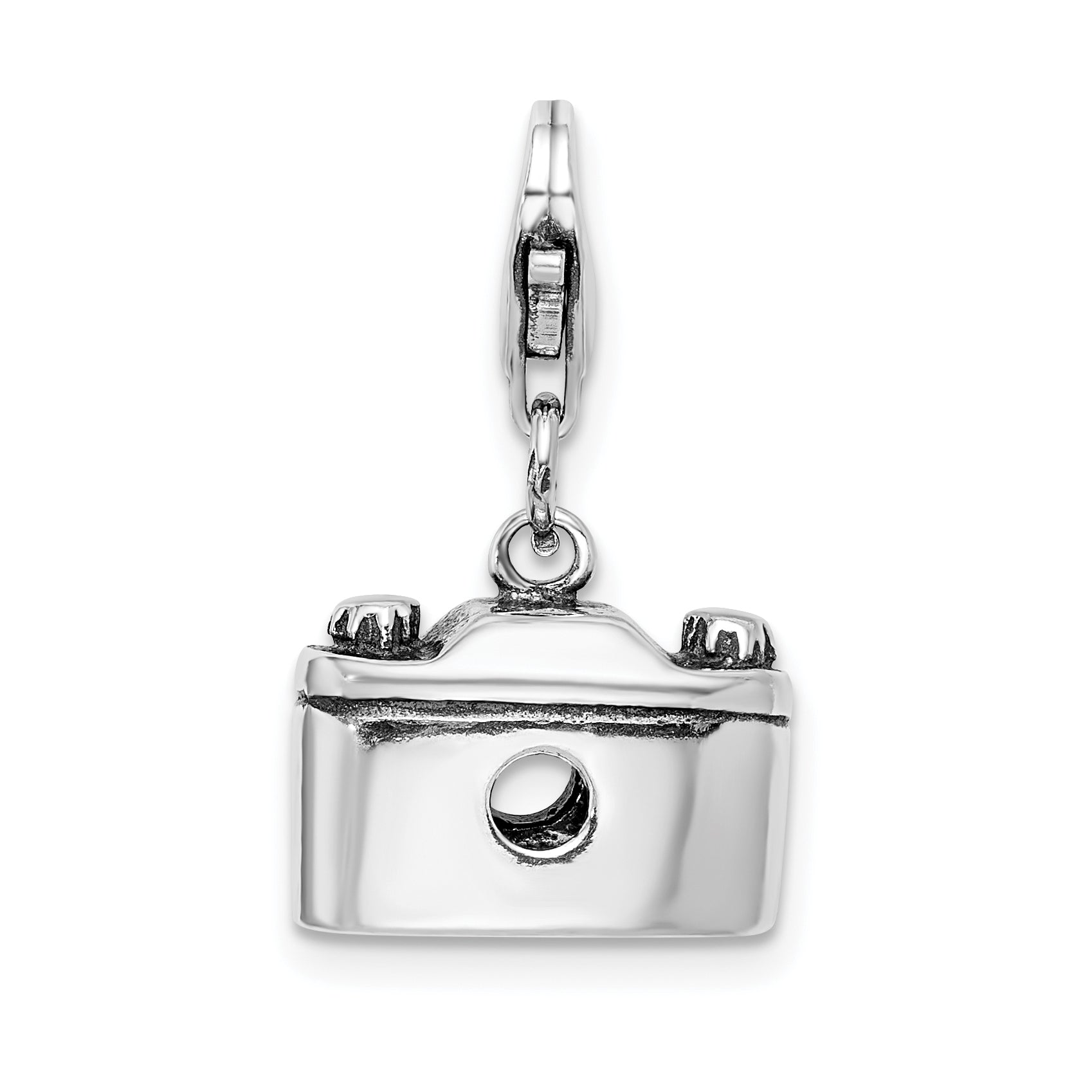 Sterling Silver Amore La Vita Rhodium-Plated Polished 3-D Antiqued Camera Charm With Fancy Lobster Clasp