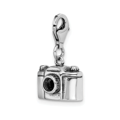 Sterling Silver Amore La Vita Rhodium-Plated Polished 3-D Antiqued Camera Charm With Fancy Lobster Clasp