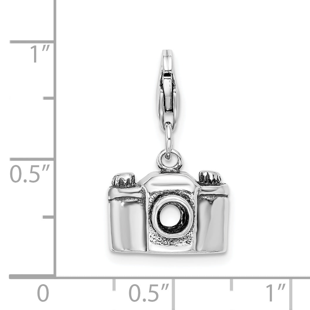 Sterling Silver Amore La Vita Rhodium-Plated Polished 3-D Antiqued Camera Charm With Fancy Lobster Clasp